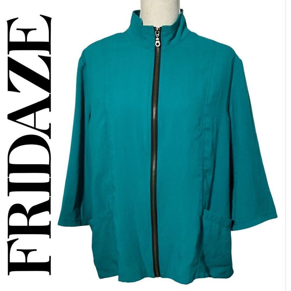 FRIDAZE 100% Linen, Lightweight jacket w/ zipper closure, Turquoise, Size S